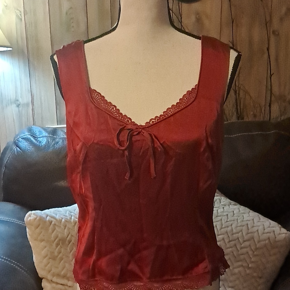 BeLiza Burgundy Wine Red Silk Charmeuse Camisole Lace Trim Top Office Siren